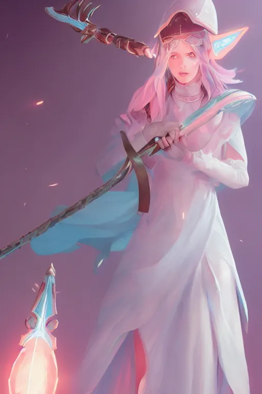 Image similar to portrait of a cute white mage girl with a staff in mage armor, soft, pink and blue, by tom bagshaw and atey ghailan and artgerm and and greg rutkowski, hyper realistic, octane render, trending on artstation