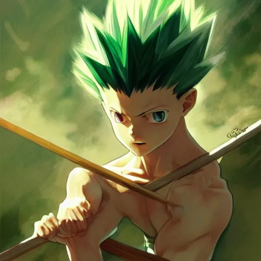 Prompt: gon from hunter x hunter, highly detailed, digital painting, artstation, concept art, sharp focus, illustration, art by greg rutkowski and alphonse mucha