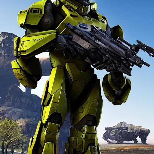 Prompt: master chief standing infront of a warthog from halo, GTA 5 loading screen, art by Stephen Bliss