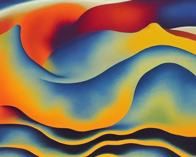 Image similar to An insane, modernist landscape painting. Wild energy patterns rippling in all directions. Curves, organic, zig-zags. Saturated color. Mountains. Clouds. Rushing water. Georgia O'Keeffe. Dali.