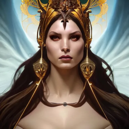 Image similar to perfectly - centered - portrait - photograph of an evil sinister goddess, the perfect human female specimen, intricate, elegant, super highly detailed, professional digital painting, artstation, concept art, smooth, sharp focus, no blur, no dof, extreme illustration, unreal engine 5, 8 k, art by artgerm and greg rutkowski and alphonse mucha loish and wlop