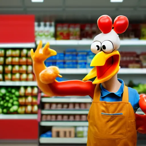 Image similar to anthropomorphic chicken man with chicken arms carefully considering chicken options in grocery store aisle, 8K hyper realistic render,