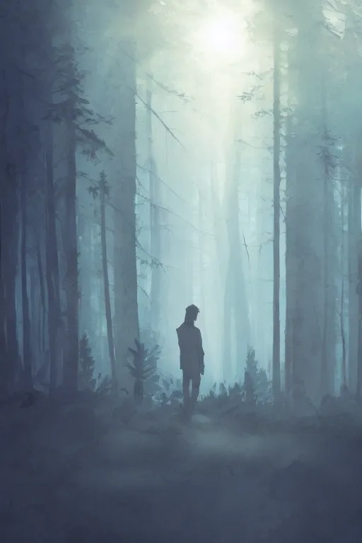 Image similar to concept art painting of a guy with huge white wings standing in a dark forest, moody vibe, moody lighting, sunbeams, artgerm, moebius, inio asano, toon shading, cel shading, calm, tranquil, vaporwave colors,