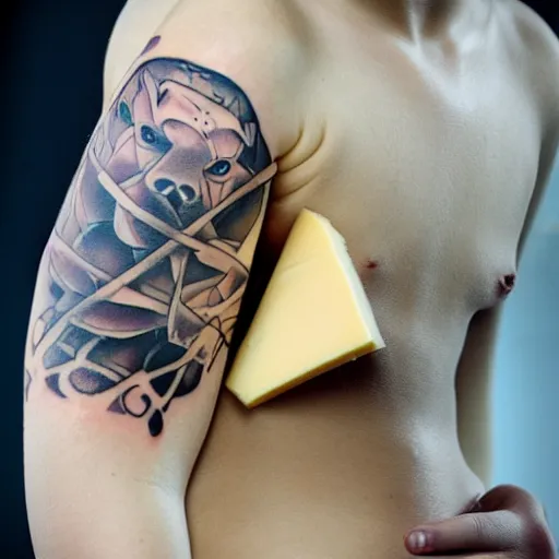 Image similar to boy eating a big piece of cheese, Tattoo, Shot on 70mm, by Wētā FX