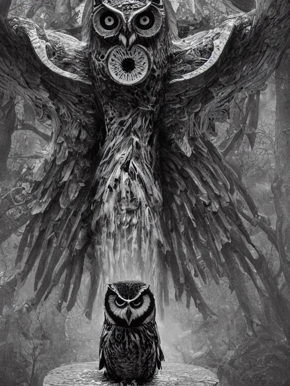 Image similar to a beautiful hyper realistic detailed matte painting showing an old totem of the old owl, a strange and oppressing statue who seems to intensely watch you, dramatic lighting, dynamic lighting, cinematic lighting, by maurits cornelis escher and howard phillips lovecraft, black and white, featured on artstation