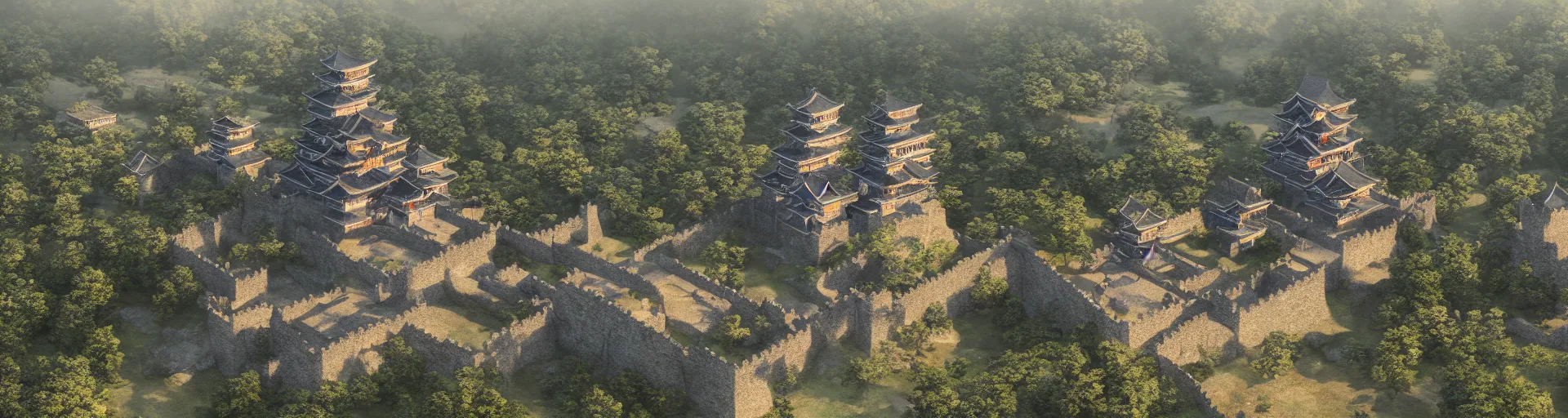 Image similar to photo realistic landscape of medieval japan castle, aerial photography, exquisite detail, octane render, 8 k postprocessing,