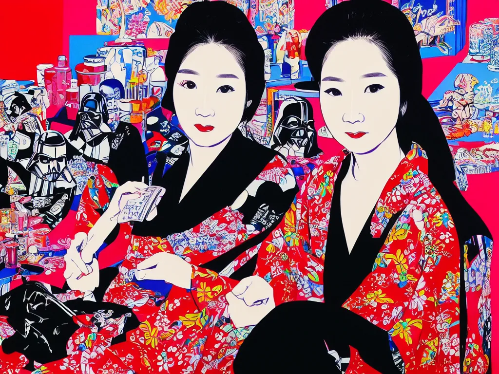 Image similar to hyperrealism composition of the detailed woman in a japanese kimono sitting at an extremely detailed poker table with darth vader, fireworks on the background, pop - art style, jacky tsai style, andy warhol style, acrylic on canvas