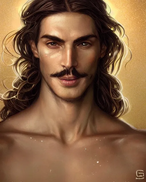 Prompt: elven man, beautiful, long hair, tan skin, closed mouth smile, fantasy, super detailed, very ornate, glow, by greg rutkowski, artgerm, magali villeneuve, alphonse mucha, realistic, symmetrical face, 8 k, sharp focus