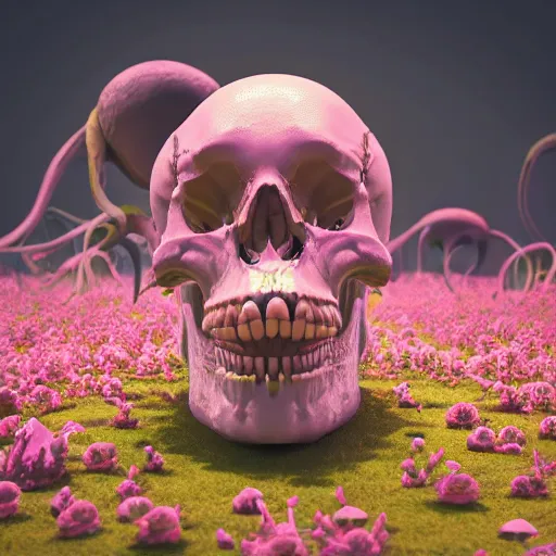 Image similar to a human Skull mutating into flowers, tentacles, unnatural shapes, jellyfish, insect, octane render, 3d digital art by beeple, unreal engine 5, award winning,