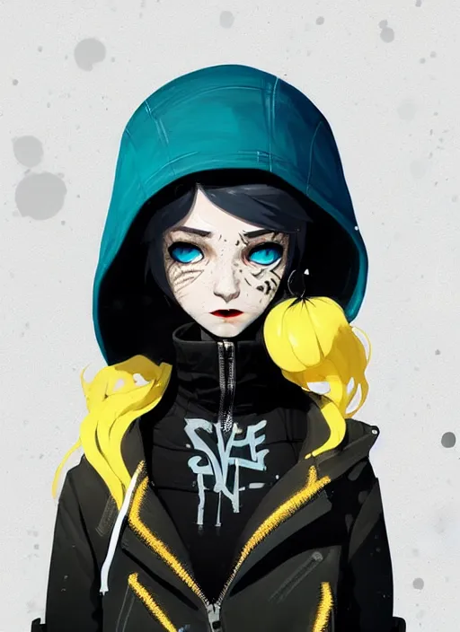 Prompt: highly detailed portrait of a sewer punk lady student, blue eyes, leather hoody, hat, white hair by atey ghailan, by greg tocchini, by james gilleard, by kaethe butcher, gradient yellow, black, brown and cyan color scheme, grunge aesthetic!!! ( ( graffiti tag wall background ) )