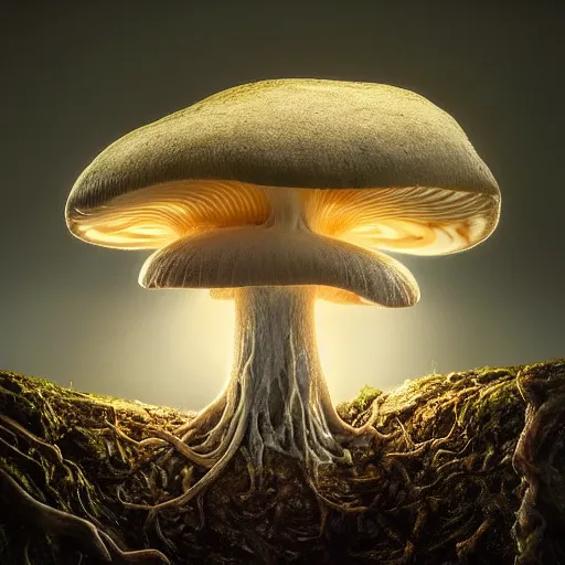 Prompt: a beautiful macro photography on a rotten stump is a small family of conical oyster mushrooms, which are suspiciously reaching for an unusual symbol on the wall depicting a dissected cross, hyper detailed, warm volumetric lights, made by gerald brom and mike winkelmann, photorealism