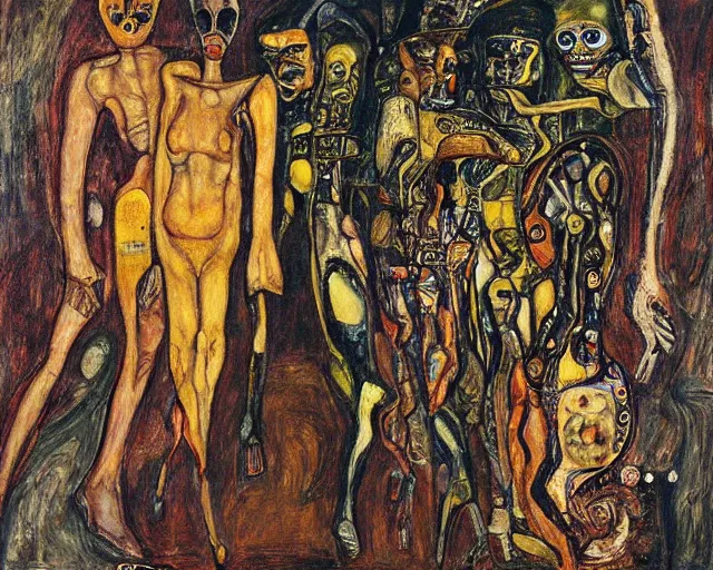 Image similar to a painting of a aliens and cyborgs by graham sutherland, egon schiele, gustav klimt, expressionism