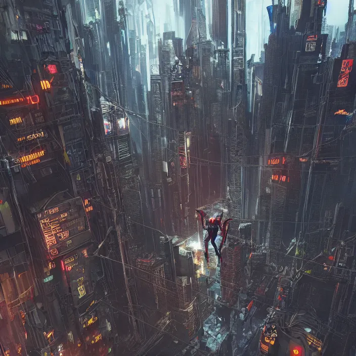 Prompt: dark spiderman, cyberpunk city, by neill blomkamp director film, extreamly detailed, photorealism, photography, raytracing, 8 k, octane render, hyperrealism, perfect composition, art top in artstation, by chris labrooy, rendered in rtx, ssao, fxaa, unreal engine