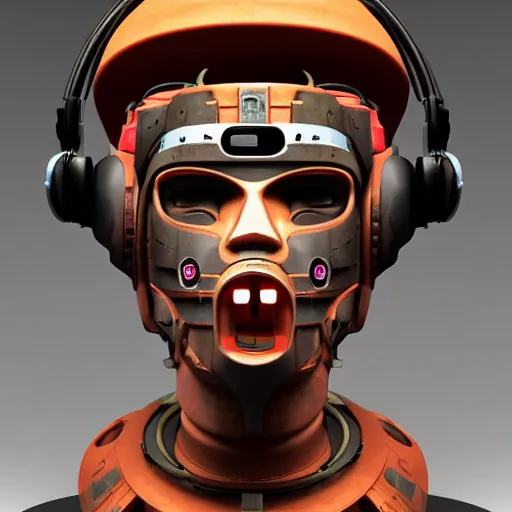 Prompt: a claymodel of a dieselpunk aztec futuristic robot head wearing an emotiv eeg - headset, 8 k, front shot, symetrical, flourescent colors, halluzinogenic, multicolored, insanely detailed, front shot, bust shot, 3 d render, octane