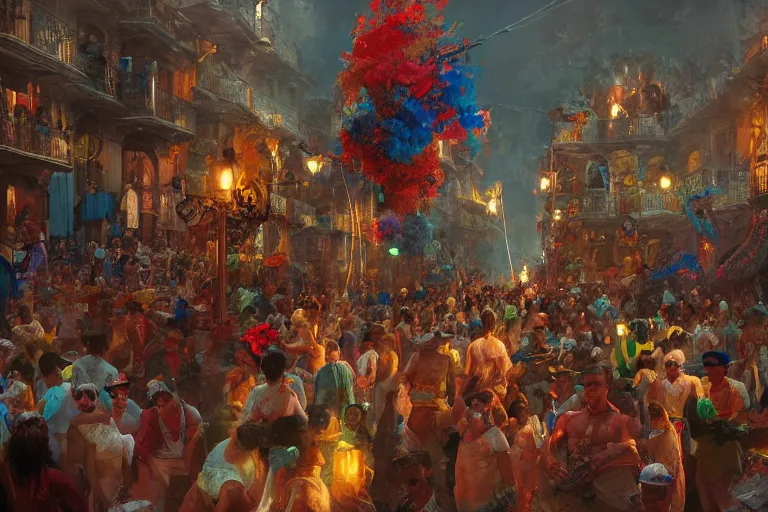 Image similar to carnaval de barranquilla colombia, thorough details, intricate, artstation, atmosphere, highly detailed, craig mullins, james jean, digital painting, deviantart, cinematic lighting, 4 k