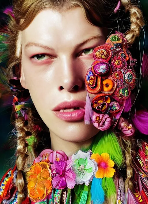 Image similar to beautiful portrait of teenager Milla Jovovich wearing fantastic Hand-dyed cotton dress,embellished beaded feather decorative fringe knots ,colorful pigtail,subtropical flowers and plants,dramatic,symmetrical face,intricate,elegant,highly detailed,8k,post-processing,digital painting,trending on pinterest, GUCCI,PRADA,concept art, sharp focus, illustration, by artgerm,Tom Bagshaw,Lawrence Alma-Tadema,greg rutkowski,alphonse Mucha
