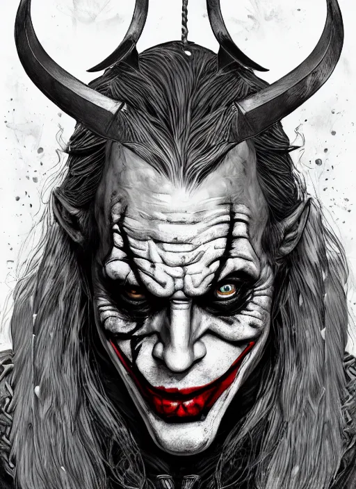 Image similar to portrait of the joker as a viking viking in skyrim valheim, splash art, artwork by james jean, hyperdetailed realistic