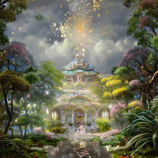 Prompt: dreamy landscape in an ornate baroque aya takano-inspired dream palace sparkle courtyard overgrown with metallic blender renders of falling iridescent flower petals, gorgeous cloud-structures surrounded by cute forest scenery with various futuristic exobiome-related plants, iridescent pixiv scenery artwork ornated by gold-trimmed nature, beautiful surrealism oil painting, trending on artstation