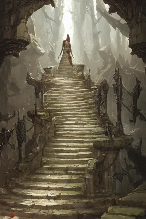 Prompt: fantasy steps with pillars on both sides by greg rutkowski