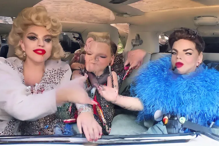 Image similar to lady gaga and judy garland doing carpool karaoke, lady gaga and judy garland, carpool karaoke, lady gaga, judy garland, carpool karaoke, youtube video screenshot, the late late show with james corden