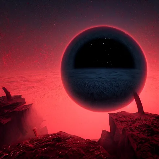 Image similar to new planet, red, red sky, depth, creepy, monsters, eyes, graveyard, death, dead, red eyes, 8k, hyperrealistic, depth, vray, high resoulution, deathly