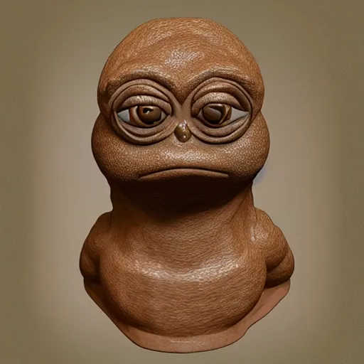 Image similar to clay head of pepe the frog, 3d sculpture, textured, fine detail, lifelike, photo, high resolution