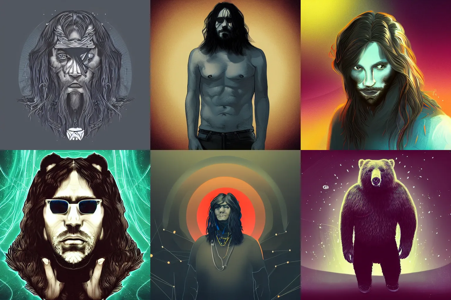 Prompt: album art. techno. man. long hair. bear. featured on artstation