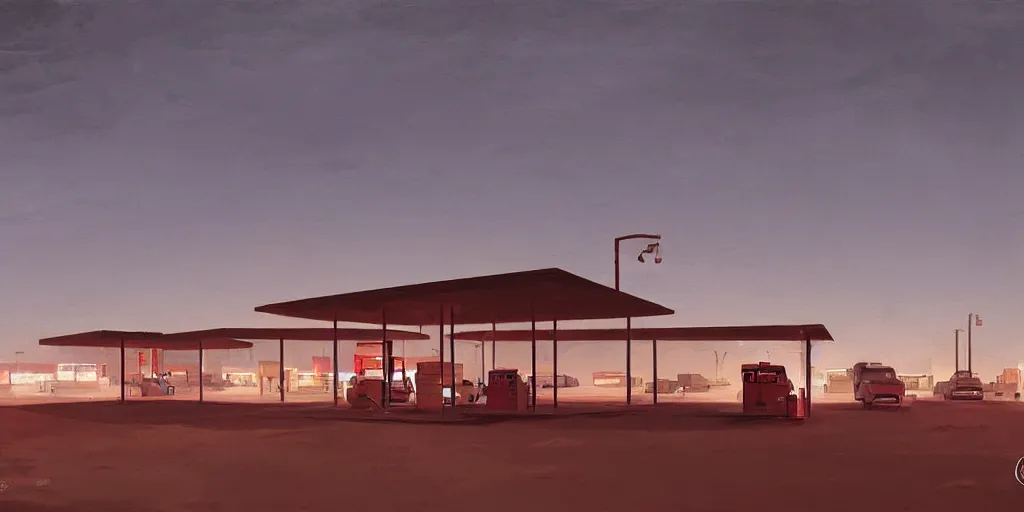 Image similar to A gas station in the desert at night, creepy and dramatic atmosphere, digital art by Greg Rutkowski and Studio Ghibli and Edward Hopper