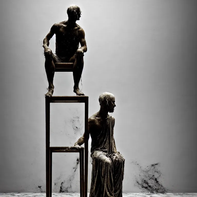 Image similar to a sculpture of a person sitting on top of a chair, a marble sculpture by nicola samori, behance, neo - expressionism, marble sculpture, apocalypse art, made of mist