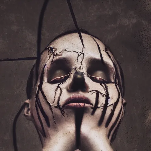 Prompt: a dark occult ritual of wires broken skulls skin and decay, moody, hyper realism, 8 k photo, atmospheric