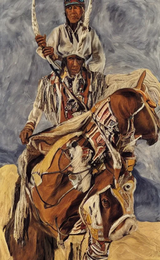 Image similar to full body shot picture of indigenous people leader riding a horse, painted by lucian freud, hd, super detailed, realistic, muted colors