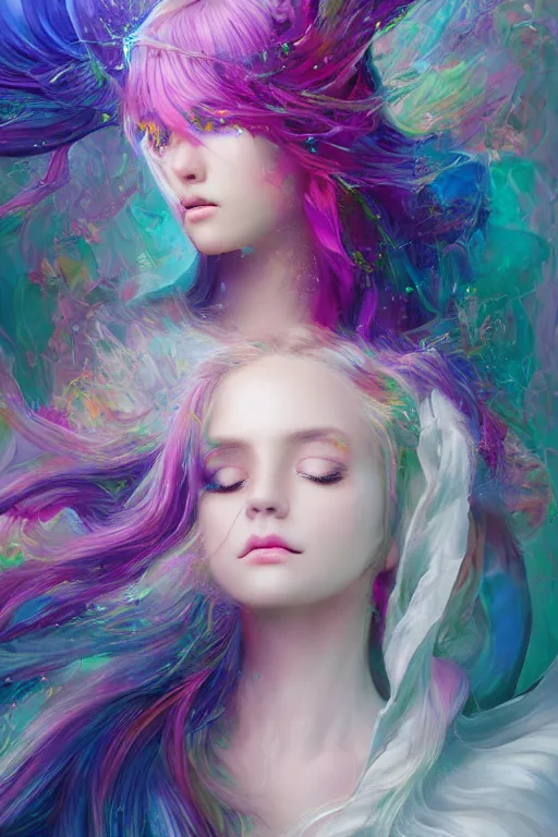 Image similar to chromatic angelic goddess of colors, d & d, full body portrait, mixed media, seductive look, chromatic aberration, hyper realistic, highly detailed, headshot, digital painting, trending on artstation, concept art, sharp focus, illustration, art by jin kagetsu and james jean and wlop and artgerm and greg rutkowski and ayami kojima