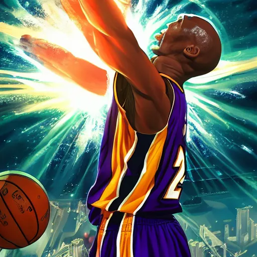 Image similar to the second coming of kobe bryant, by dan mumford, yusuke murata, makoto shinkai, ross tran, cosmic, heavenly, god rays, intricate detail, cinematic, 8 k, cel shaded, unreal engine, featured on artstation, pixiv