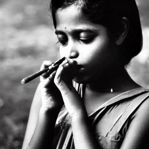 Image similar to portrait of a sri lankan girl smoking cigarette, vintage photo in 8 0's style