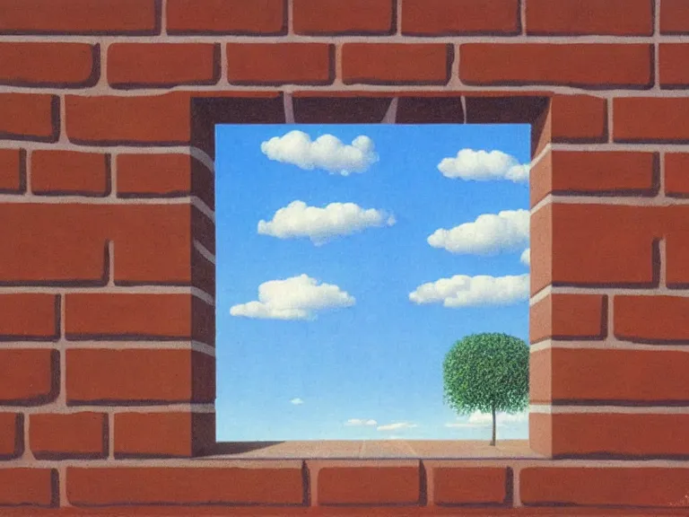 Image similar to an open window to nothingness in brick wall with endless hallway inside, painting by rene magritte, centered, high detail, high resolution