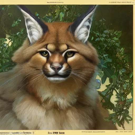 Image similar to laurel wreath lying on top of a cute fluffy caracal head, laurel wreath on his head, 8 k, alphonse mucha, james gurney, greg rutkowski, john howe, artstation