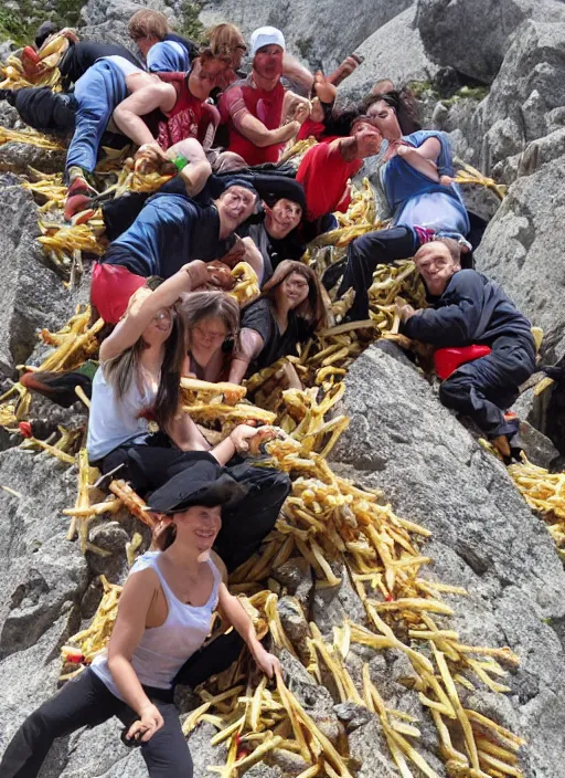 Image similar to a group of mountain climbers climbing a 3000 feet high mountain of french fries,