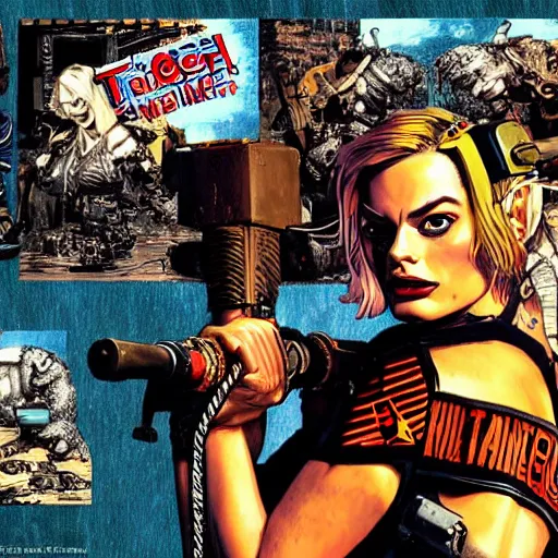 Image similar to margot robbie as tank girl, ultra detailed, concept art in the style of 2 0 0 0 ad, fun pose, wild eyes, front and back, big hammer, 4 k