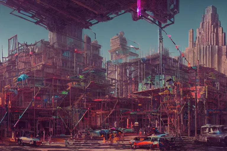 Image similar to hyperrealistic matte painting of aztec temples in a cyberpunk future environment with mechanical features and neon, graffiti, scaffolding, smog, destruction by filip hodas, beeple, 4 k, trending on cgsociety