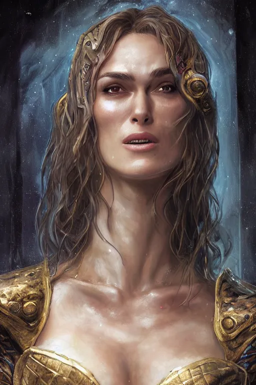 Image similar to A fantasy comic book style, composite portrait painting of Keira Knightley, Cory Chase as an Atlantean, Reptilian Warrior, Mystical Valkyrie, Armor, Sword, Spear, Sheild, François Boucher, Oil Painting, unreal 5, DAZ, hyper realistic, Photorealistic, octane render, Regal, Refined, Coherent, Detailed Digital Art, RPG portrait, William-Adolphe Bouguereau, Michael Cheval, Walt Disney (1937), Steampunk, Golden dappled dynamic lighting, Highly Detailed, Theophanic atmosphere, Cinematic Lighting, Unreal Engine, 8k, HD