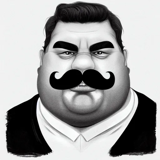 Image similar to face portrait a big beefy man with a large face, thick dark hair, a bushy black moustache, no beard, with hardly any neck and mean little eyes, highly detailed, digital art, sharp focus, trending on art station, drawing