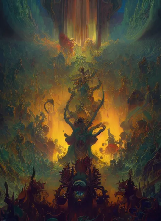 Image similar to demons charging the gates of heaven, concept art, trending on artstation vivid color, complementary color, golden ratio, detailed, sharp lines, intricate, rainbowshift by andrei riabovitchev, by peter mohrbacher, by gustave dore, by maxfield parrish, by alphonse mucha, by beksinski, deviantart, octane render