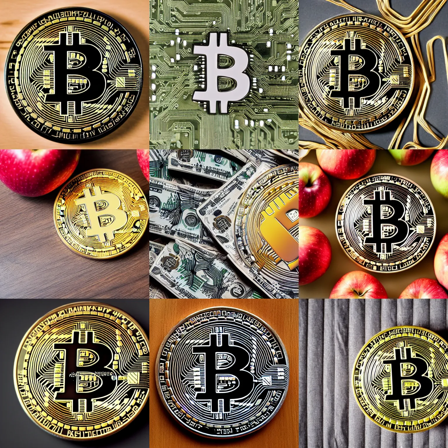 Prompt: bitcoin build from apples, real photo, top down view