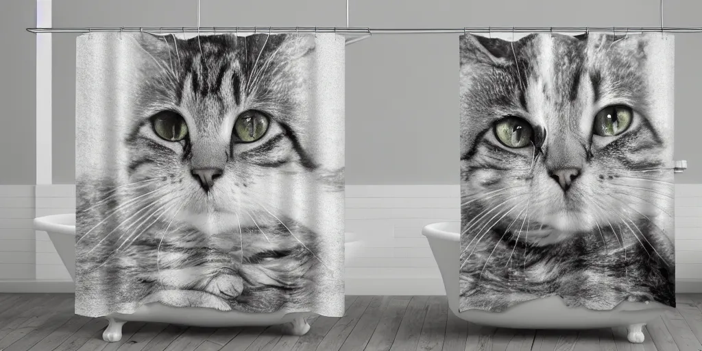 Image similar to shower curtain product catalog. wide - angle photo. on the curtain is a tabby cat wearing a large head towel coming out of a bathtub, product photography of a shower curtain, product lighting. 4 k, highly detailed. saturated.