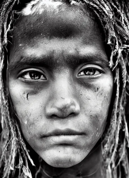 Image similar to Award winning Editorial photo of a Native Nauruans with incredible hair and beautiful hyper-detailed eyes wearing traditional garb by Lee Jeffries, 85mm ND 5, perfect lighting, gelatin silver process