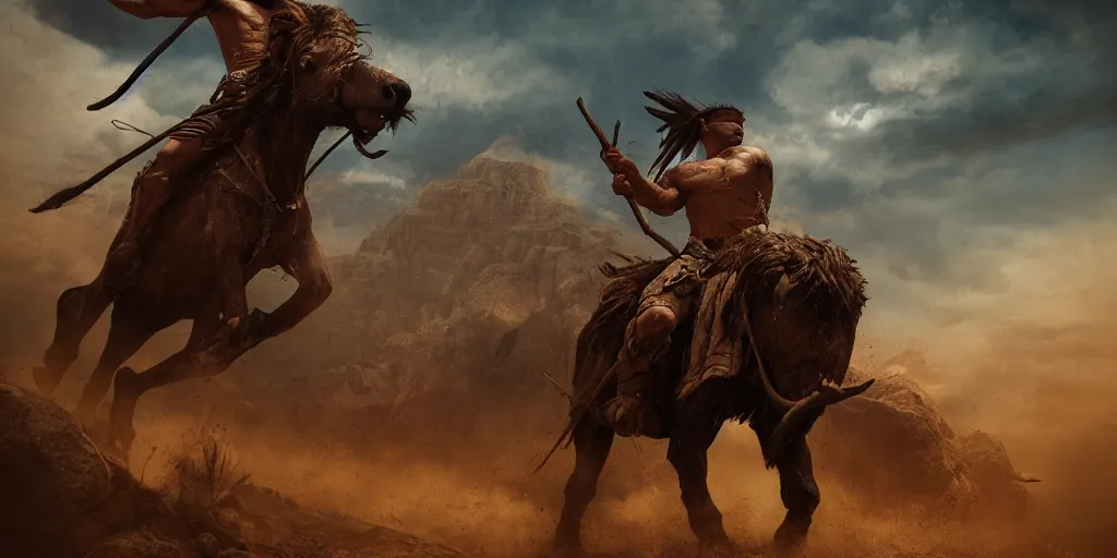 Prompt: an ancient tribesman driving an ancient motorcycle, hunting bisons , symmetrical face, muscular body, attacking, chase, action scene, an epic fantasy, dramatic lighting, cinematic, establishing shot, extremely high detail, photorealistic, cinematic lighting, artstation, octane render, western,old photo, vintage