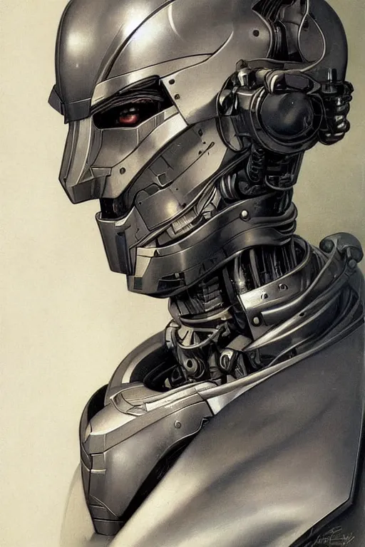 Image similar to futurist half human half robot soldier, art by leyendecker, head and shoulders portrait, cyberpunk, cybernetic implants, very intricate, award winning, extreme details