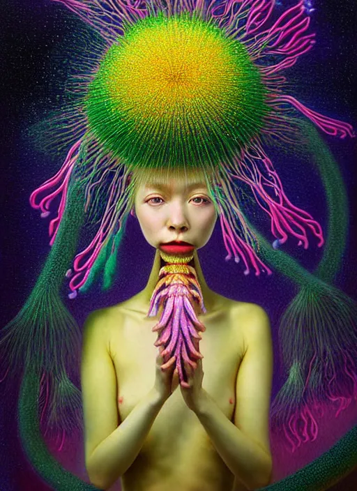 Image similar to hyper detailed 3d render like a Oil painting - kawaii portrait Aurora (gold haired Singer Praying Mantis Dragonfly faced) seen Eating of the Strangling network of yellowcake aerochrome and milky Fruit and Her compund eyes delicate Hands hold of gossamer polyp blossoms bring iridescent fungal flowers whose spores black the foolish stars by Jacek Yerka, Mariusz Lewandowski, Houdini algorithmic generative render, Abstract brush strokes, Masterpiece, Edward Hopper and James Gilleard, Zdzislaw Beksinski, Mark Ryden, Wolfgang Lettl, hints of Yayoi Kasuma, octane render, 8k