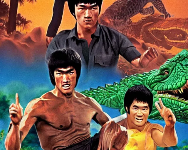 Image similar to bruce lee and steve irwin with dingo and crocodile, waterfall background, epic colorful hyper detailed cinematic still