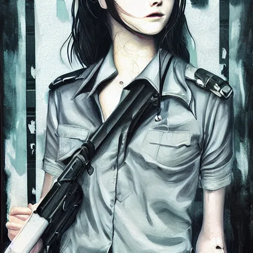 Prompt: Elle Fanning in Resident Evil 2002 picture by Sachin Teng, asymmetrical, dark vibes, Realistic Painting , Organic painting, Matte Painting, geometric shapes, hard edges, graffiti, street art:2 by Sachin Teng:4